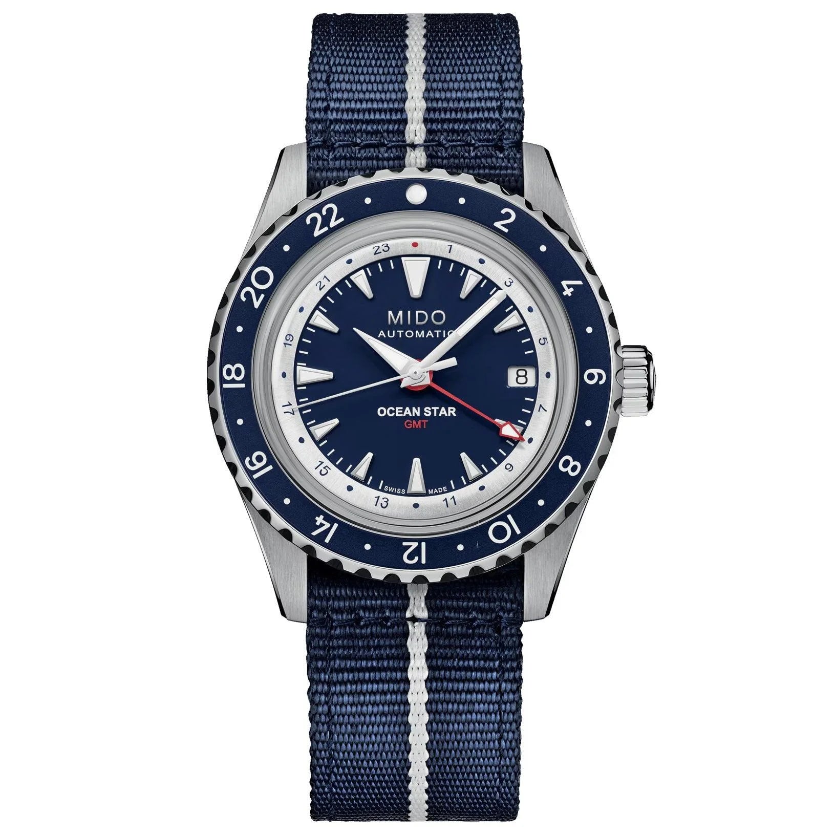 Mido Ocean Star GMT Special Edition 40mm Blue Watch with GMT Function, Blue Dial, Navy Fabric Strap
