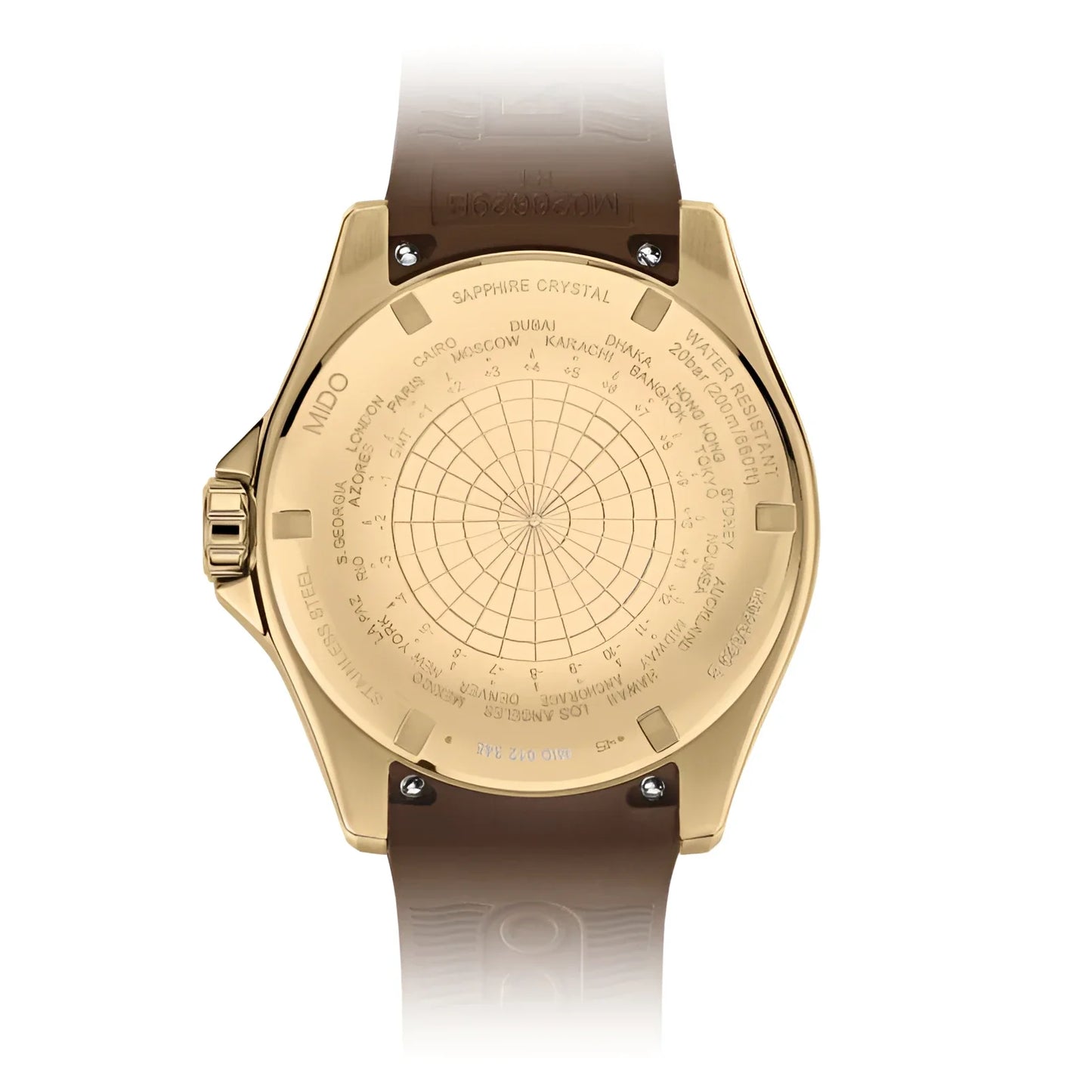 Yellow gold back of the Mido Ocean Star GMT 44mm with brown leather strap GMT function and engravings from the Ocean Star collection