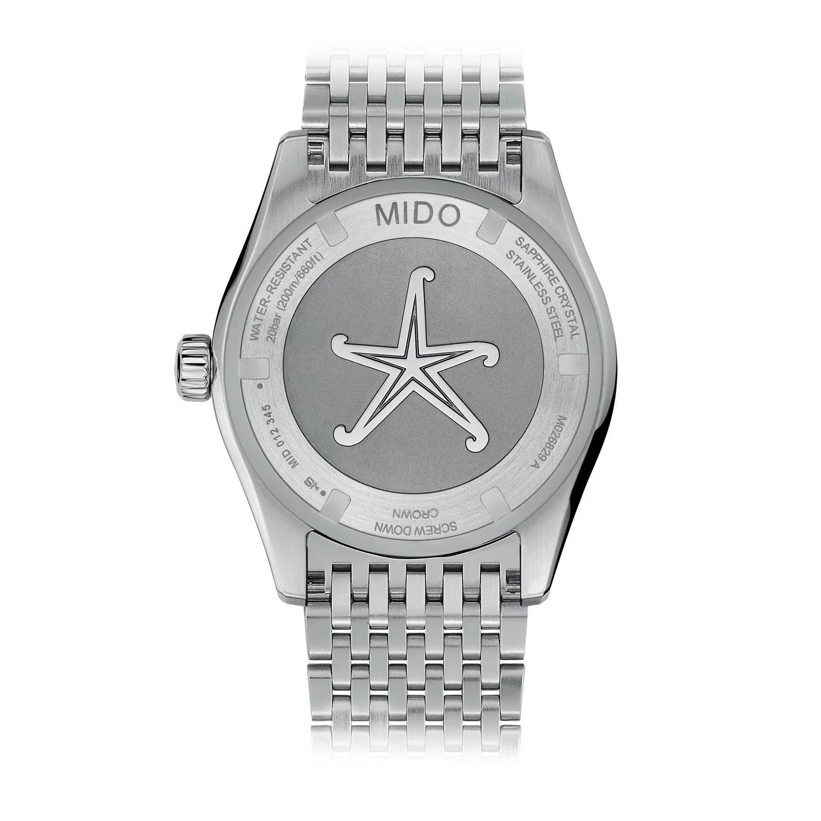Back of Mido Ocean Star GMT Special Edition 40mm Blue Steel Watch with Polished Bracelet and Engraved Star