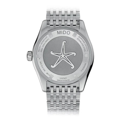 Back of Mido Ocean Star GMT Special Edition 40mm Blue Steel Watch with Polished Bracelet and Engraved Star