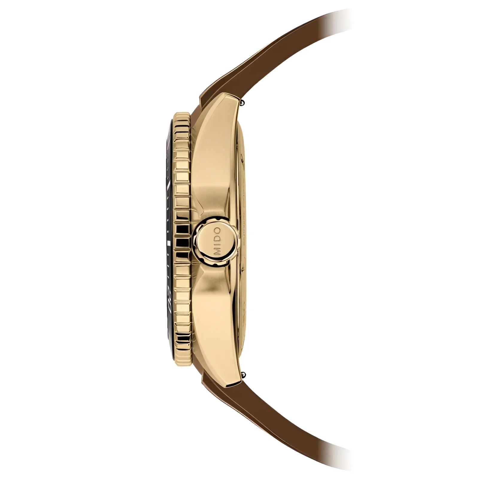 Mido Ocean Star 44mm GMT watch with yellow gold-plated steel case and brown leather strap