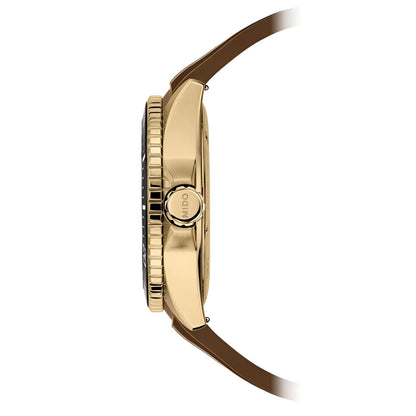 Mido Ocean Star 44mm GMT watch with yellow gold-plated steel case and brown leather strap