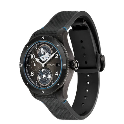 Montblanc orologio 1858 geosphere carbo₂ edizione limitata nero con cassa in carbonio e cinturino in gomma blu