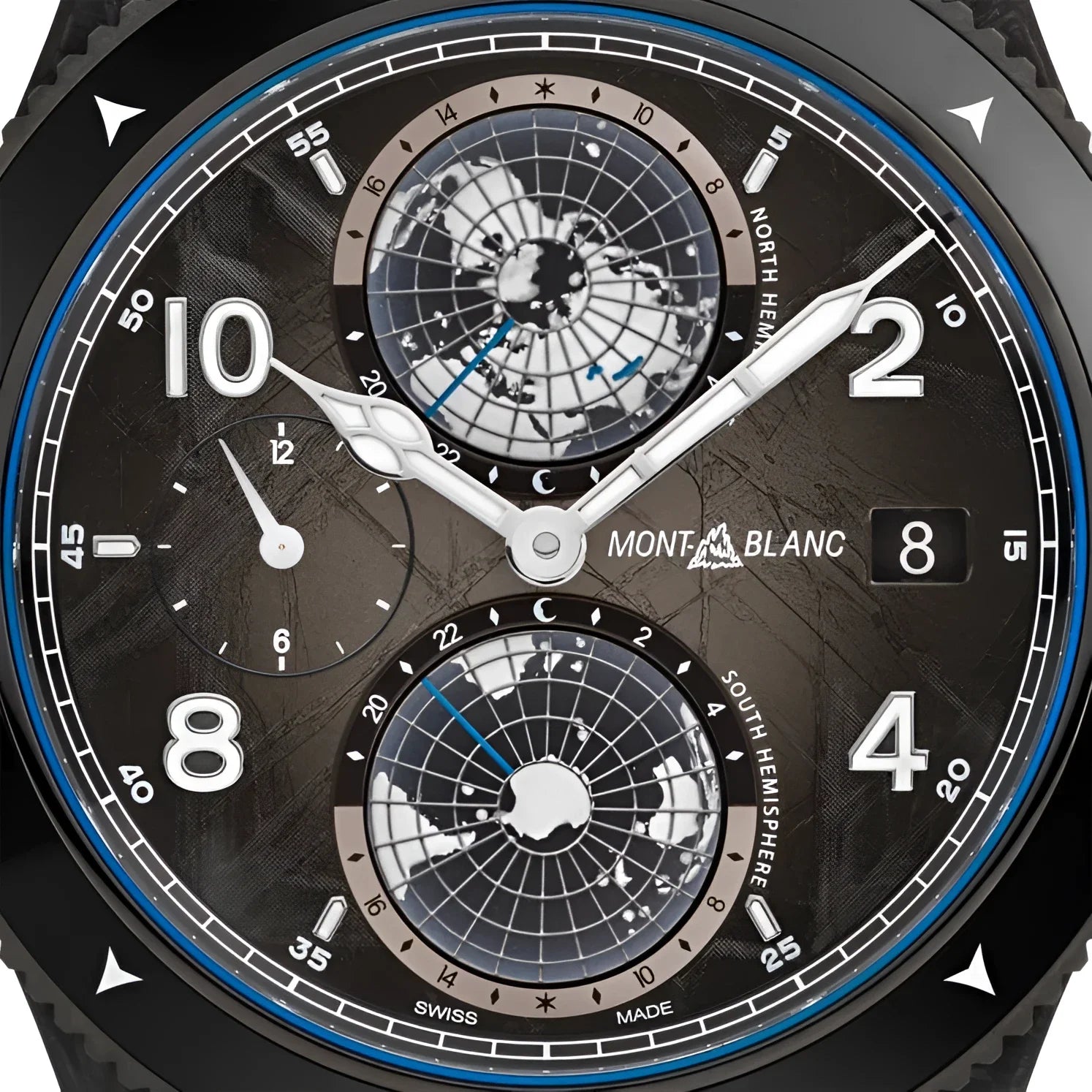 Montblanc orologio 1858 geosphere carbo₂ edizione limitata nero 43mm con due quadranti globi e accenti blu