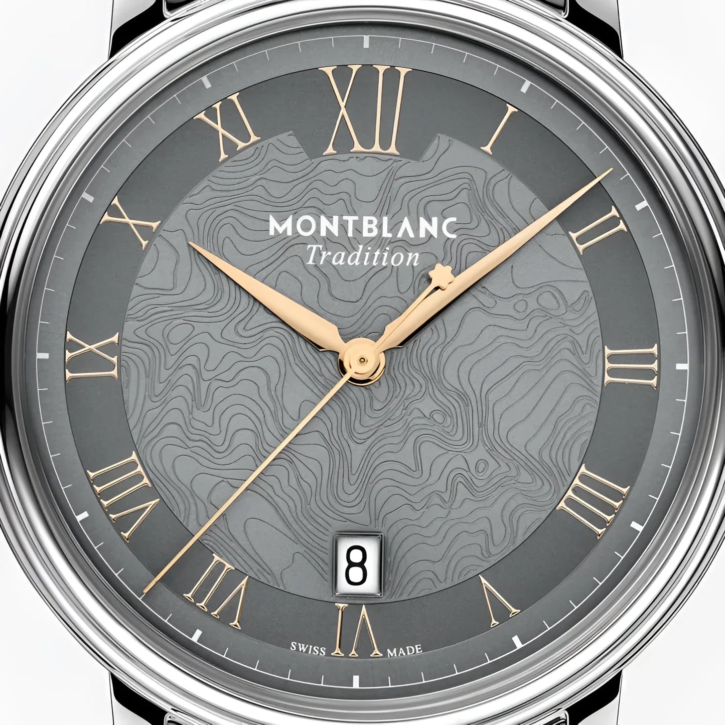 Montblanc tradition automatic with topographic grey dial, gold Roman numerals, 40 mm double steel bezel