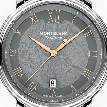 Montblanc tradition automatic with topographic grey dial, gold Roman numerals, 40 mm double steel bezel
