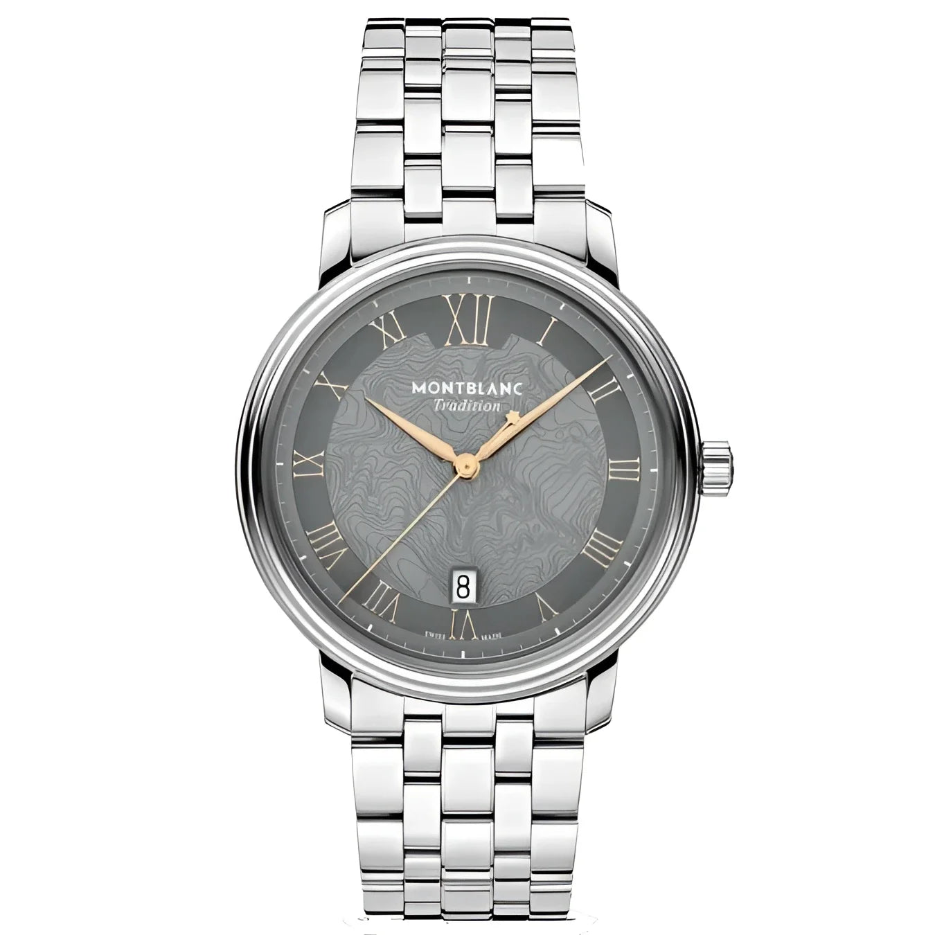Montblanc tradition automatic with topographic grey dial, double bezel and silver steel strap