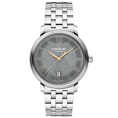 Montblanc tradition automatic with topographic grey dial, double bezel and silver steel strap