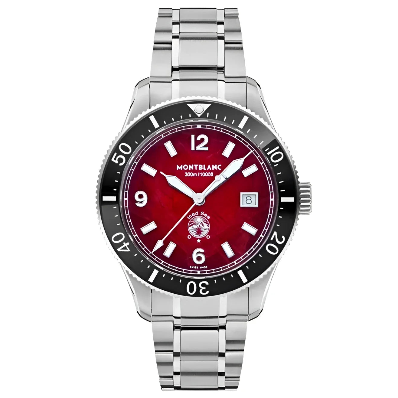 Montblanc iced sea orologio subacqueo automatico con quadrante rosso bordeaux e cassa e cinturino in acciaio inox argento