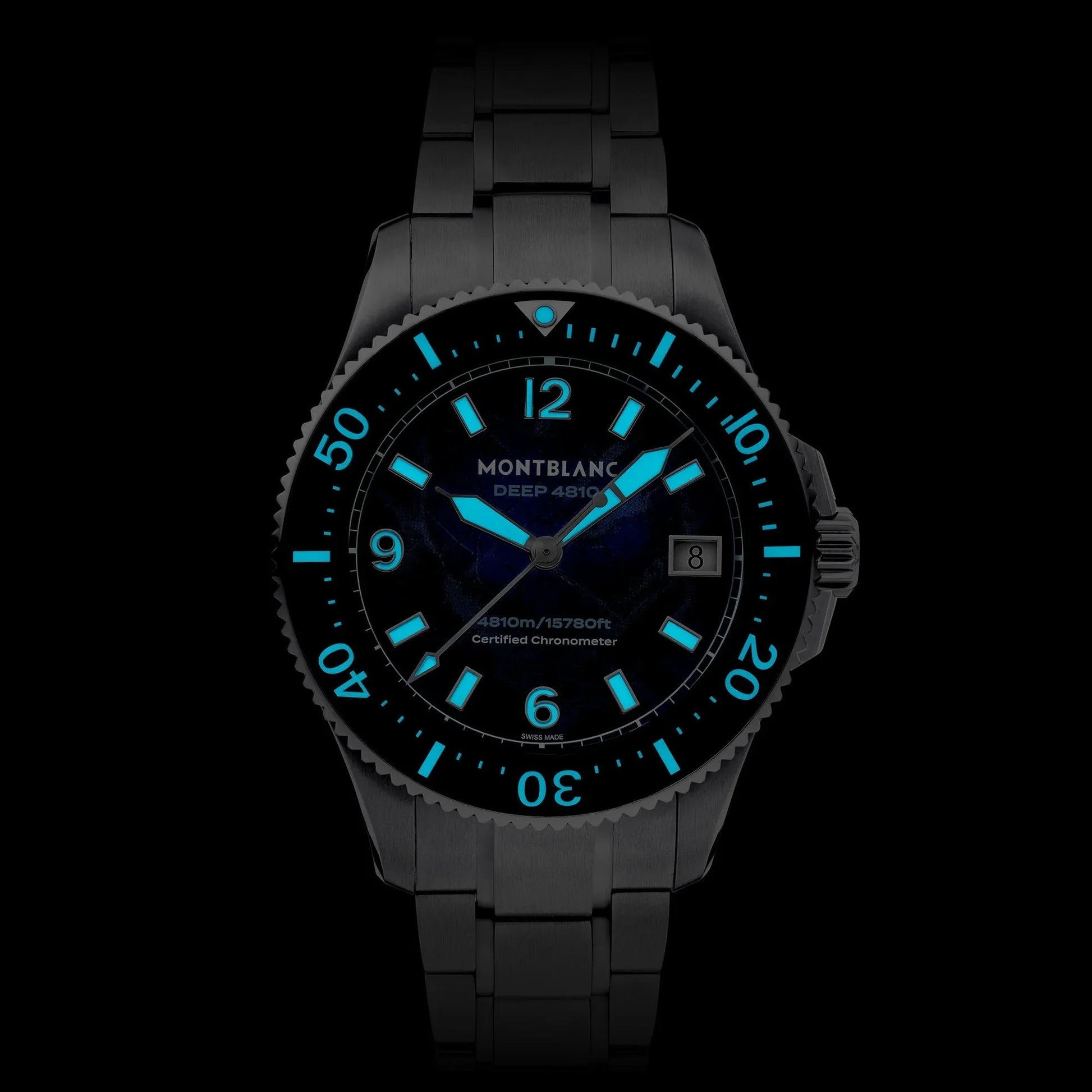 Montblanc iced sea oxygen deep 4810c diver watch with black ceramic case bracelet and blue luminescent markers