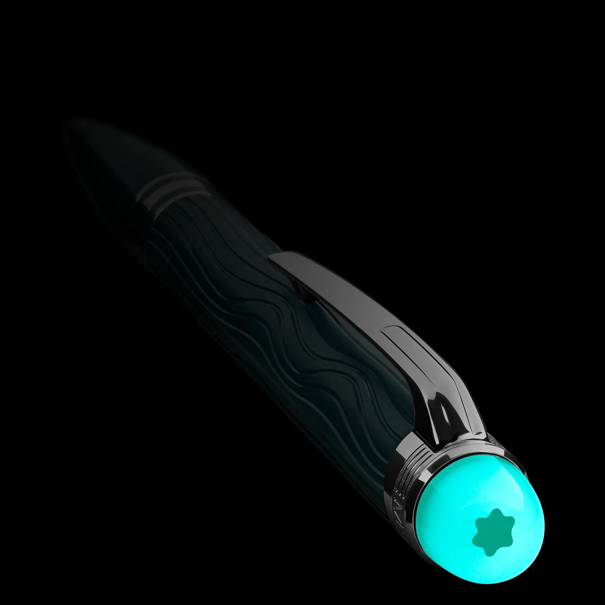 Montblanc Starwalker Polargreen ballpoint pen with shiny black wave barrel and turquoise cap with star emblem