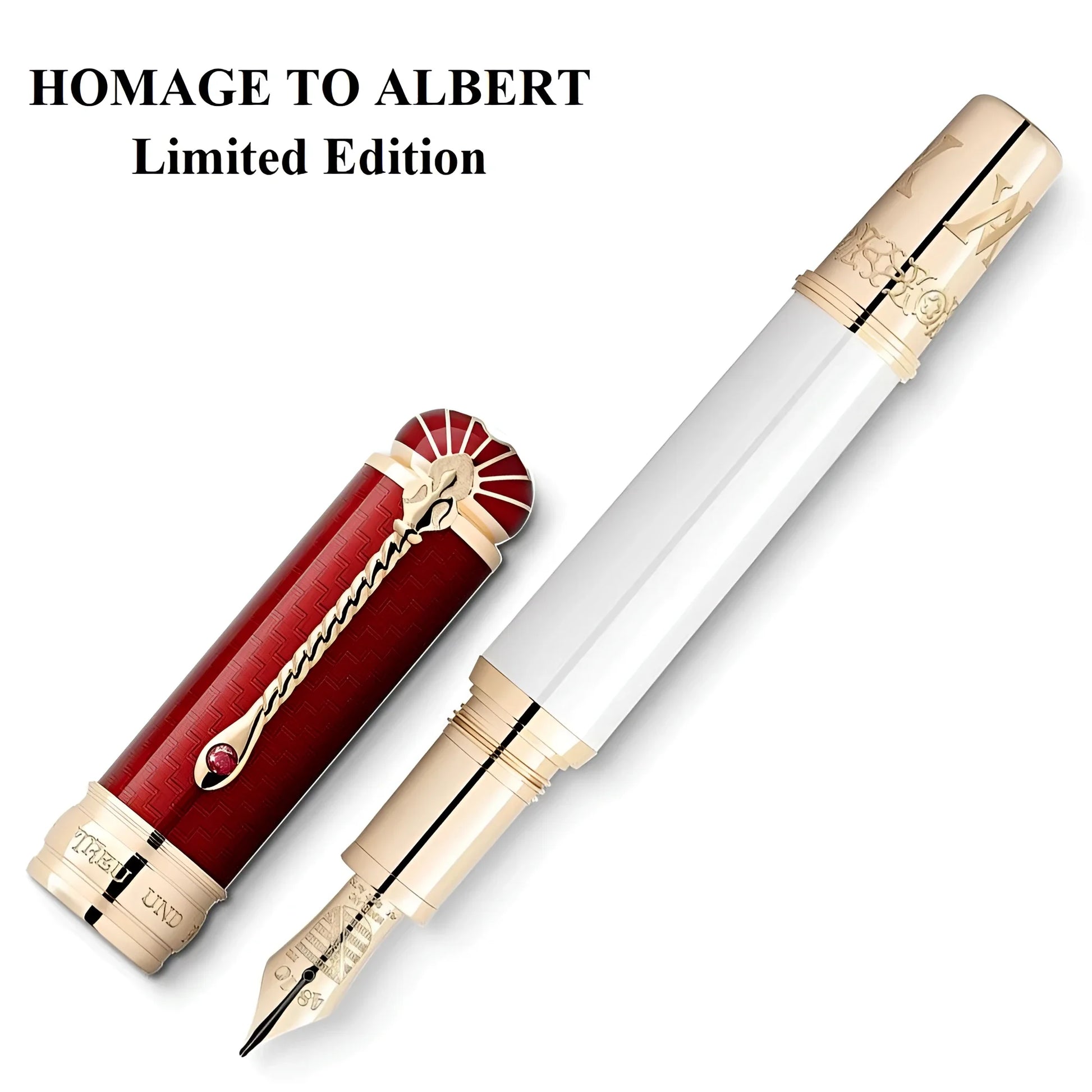 Montblanc stilografica patron of art homage to albert limited edition in colore bianco perlato con dettagli incisi e rubino sul cappuccio
