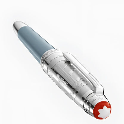 Montblanc roller meisterst�ck olympic heritage chamonix pen in matte blue with silver accents and engraved mountain design