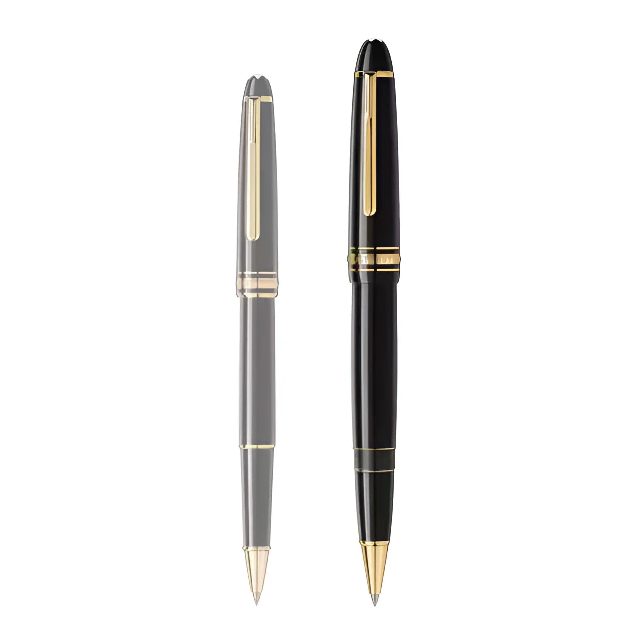 Two elegant Montblanc Meisterstuck Gold-Coated Legrand 132454 rollerball pens in black and grey precious resin with gold-plated details
