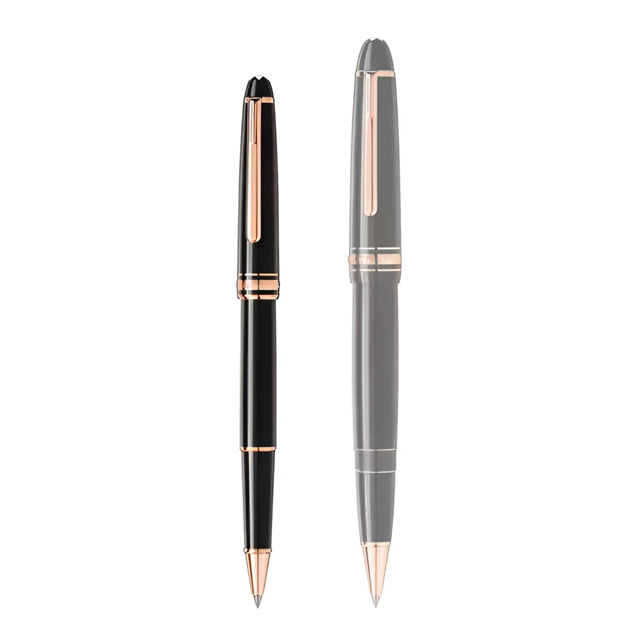 Two Montblanc Meisterstuck Classique rollerball pens in matte black and grey precious resin with red gold details.