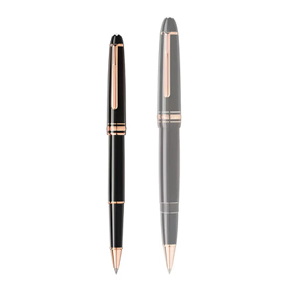 Two Montblanc Meisterstuck Classique rollerball pens in matte black and grey precious resin with red gold details.