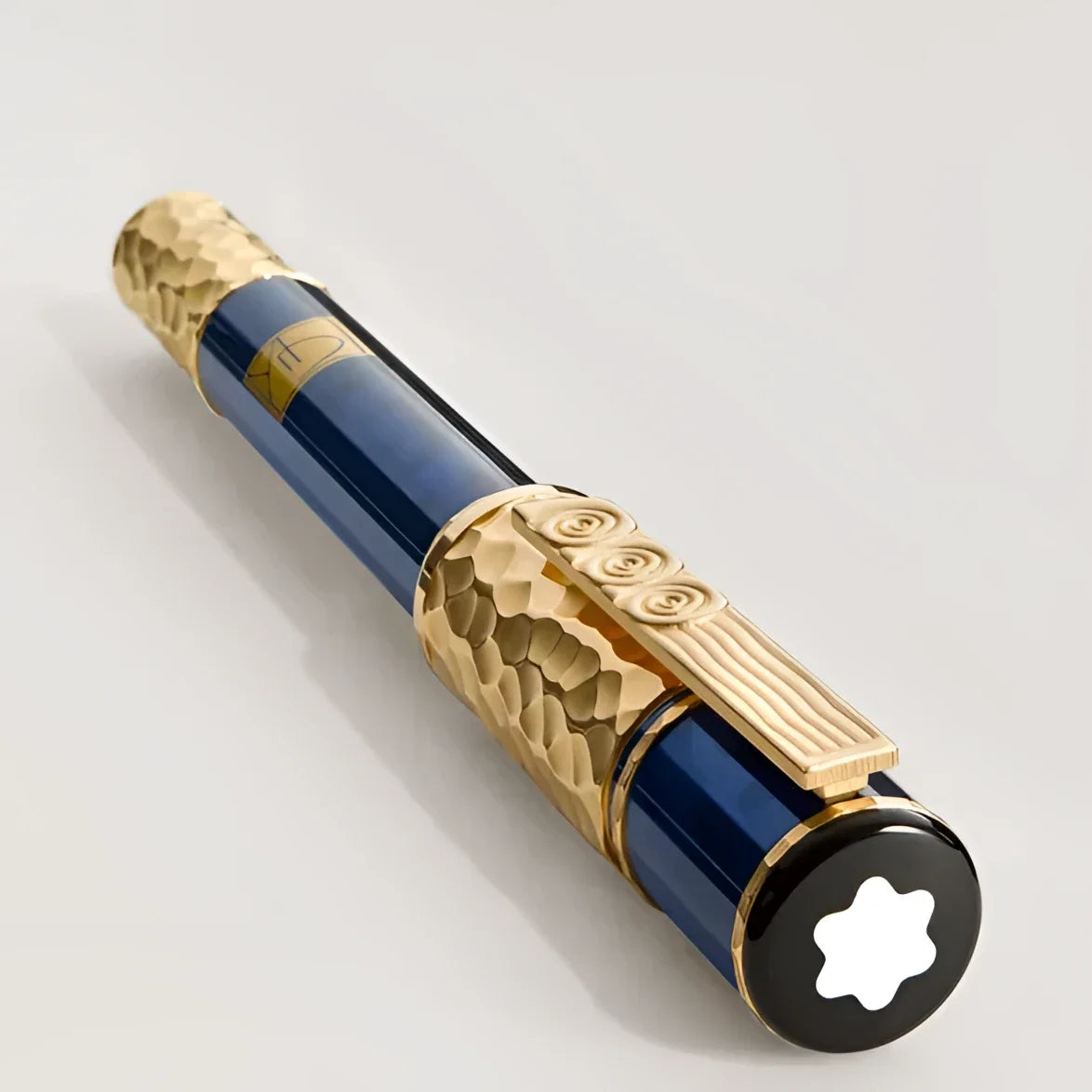 Montblanc Masters of Art Homage to Gustav Klimt fountain pen with blue lacquer body and finely engraved gold-plated details