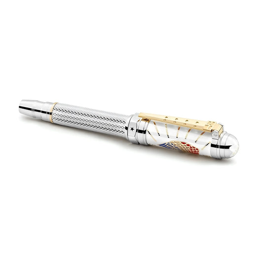Montblanc roller great characters elvis presley pen in silver and gold with textured barrel and colorful enamel cap design