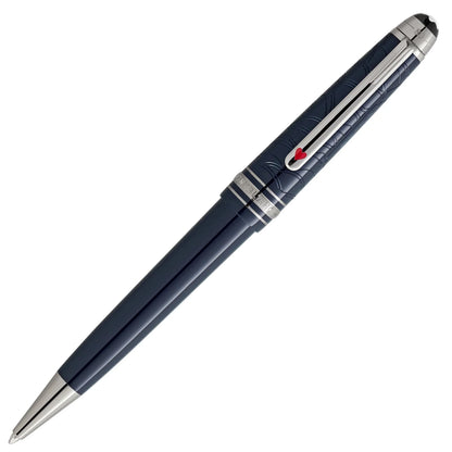 Penna a sfera media montblanc meisterstück navy blue con dettagli argento e cuore rosso tema around the world