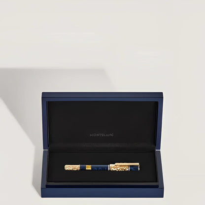 Montblanc Masters of Art Homage to Gustav Klimt fountain pen with deep blue barrel and gold-plated details in navy blue packaging.