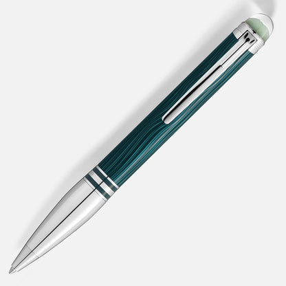 Montblanc Starwalker Polargreen ballpoint pen with wavy teal barrel and translucent green cap captures the Northern Lights.