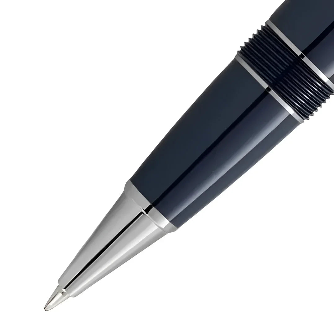sleek navy blue montblanc rollerball pen with silver accents and textured grip from the world collection