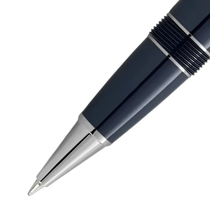 sleek navy blue montblanc rollerball pen with silver accents and textured grip from the world collection