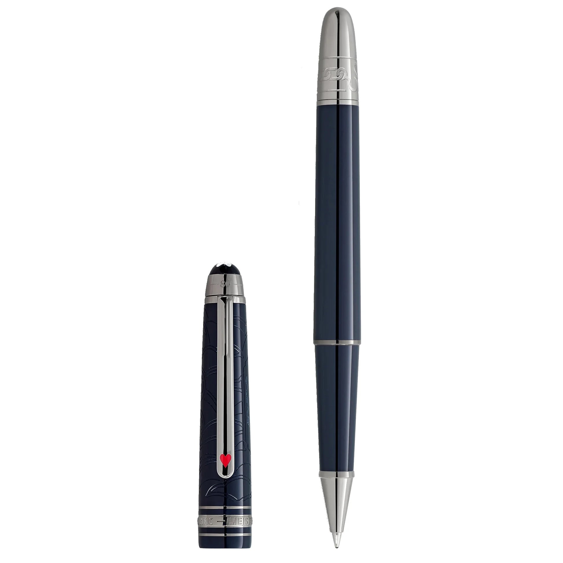 Deep navy blue montblanc meisterst�ck 149 rollerball pen with silver accents and red heart emblem from around the world series