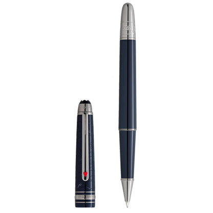 Deep navy blue montblanc meisterst�ck 149 rollerball pen with silver accents and red heart emblem from around the world series