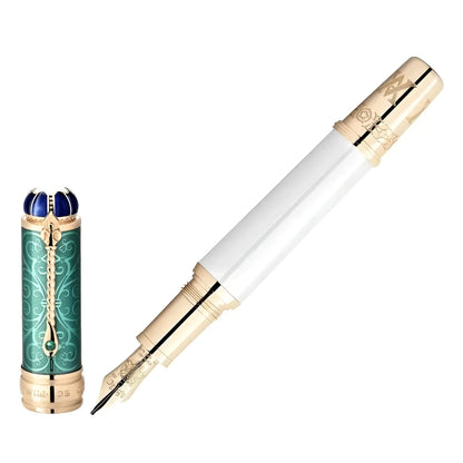 Montblanc Patron Exclusive Gold Fountain Pen with Turquoise Cap, Floral Inlays and Queen Victoria Blue Gemstone