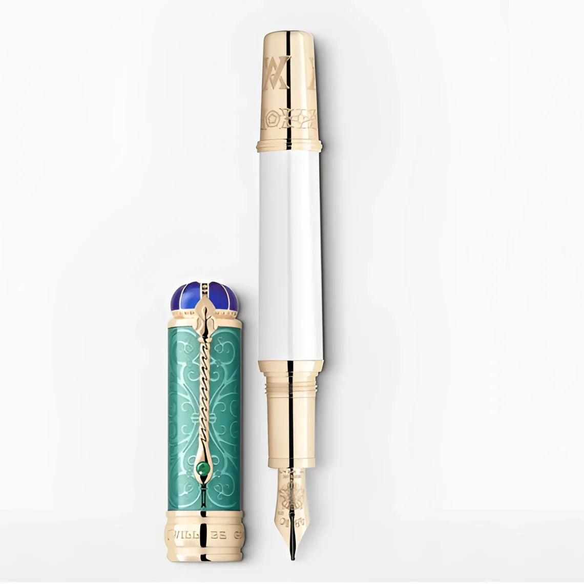 Montblanc Patron elegant fountain pen white and turquoise with exclusive gold details and Queen Victoria engravings