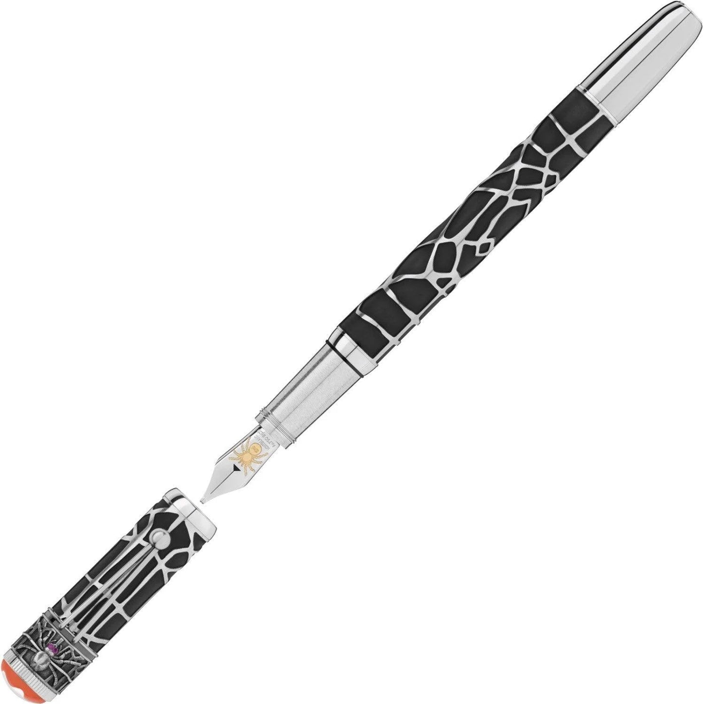 Montblanc stilografica heritage rouge et noir limited edition con motivo giraffa nero e argento e emblema ragno dorato sulla punta