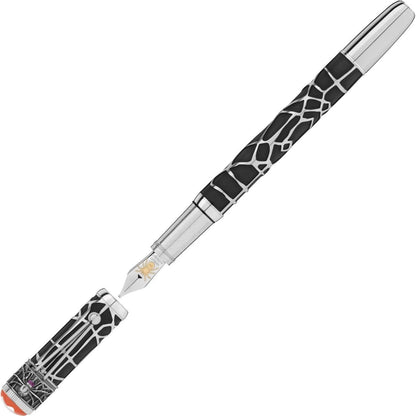 Montblanc stilografica heritage rouge et noir limited edition con motivo giraffa nero e argento e emblema ragno dorato sulla punta