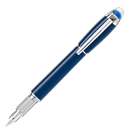 Montblanc Starwalker Blue Planet fountain pen with shiny finish and silver details, dark blue M tip.