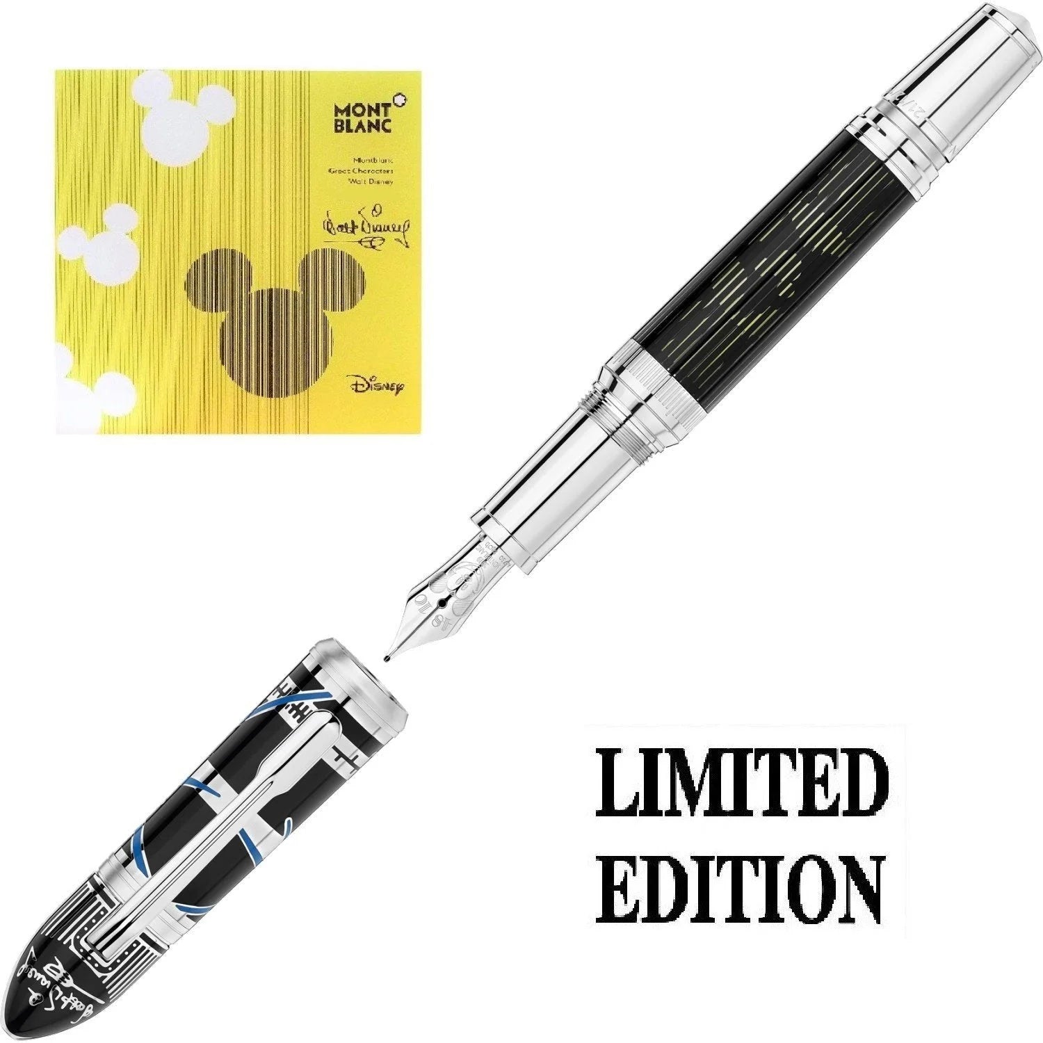 Montblanc stilografica great characters walt disney edizione limitata nero e argento con design geometrico e accenti blu