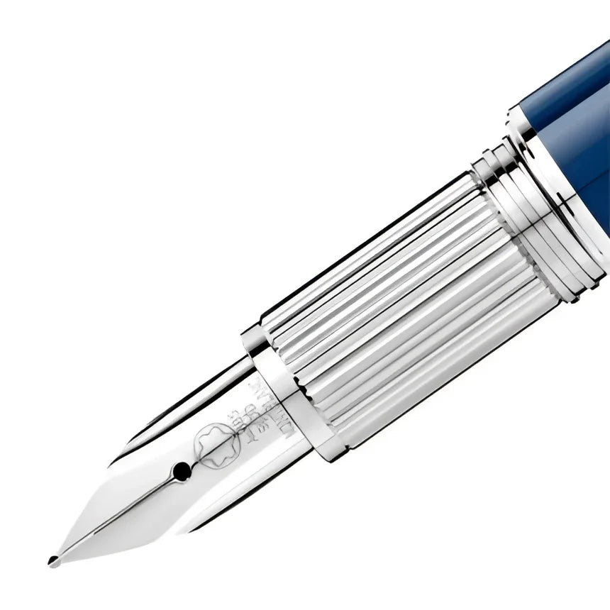 Montblanc Starwalker Blue Planet fountain pen with ribbed metal section and medium point silver nib