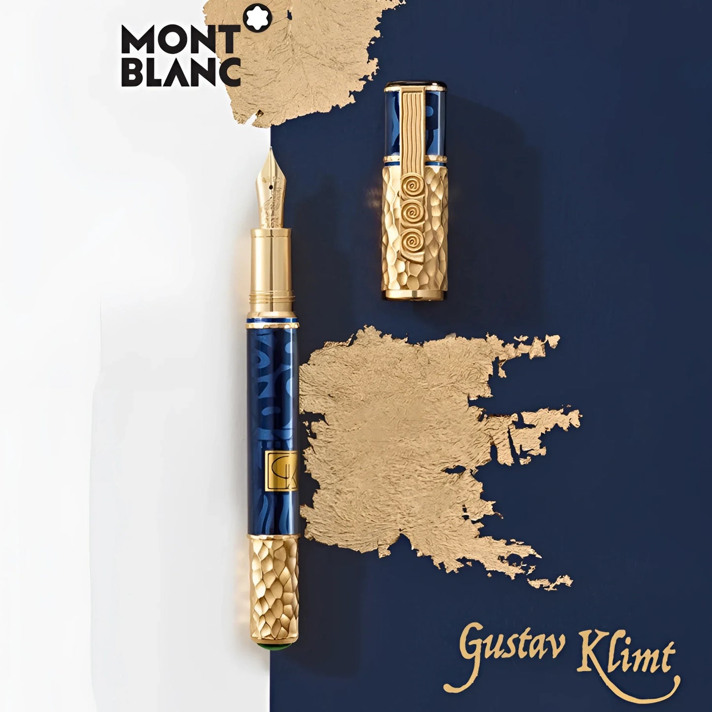 Montblanc Masters of Art Homage to Gustav Klimt Fountain Pen in Blue with Gold Leaf Motifs and Textured Gold Details