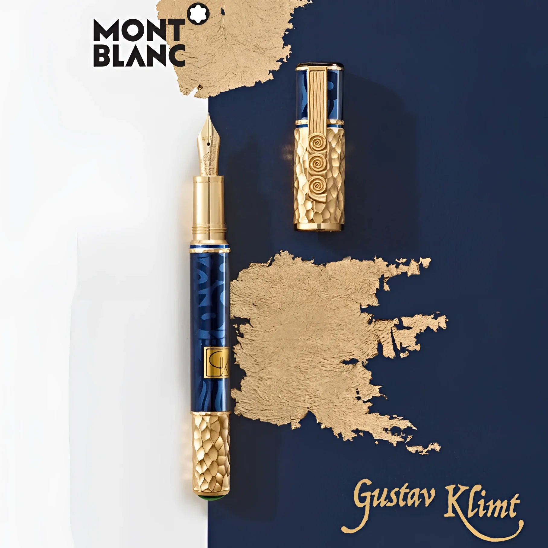Montblanc Masters of Art Homage to Gustav Klimt Fountain Pen in Blue with Gold Leaf Motifs and Textured Gold Details
