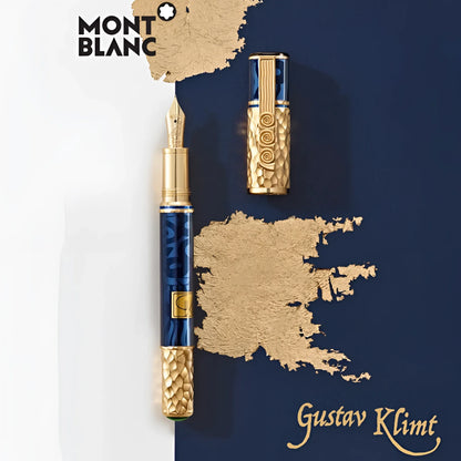 Montblanc Masters of Art Homage to Gustav Klimt Fountain Pen in Blue with Gold Leaf Motifs and Textured Gold Details