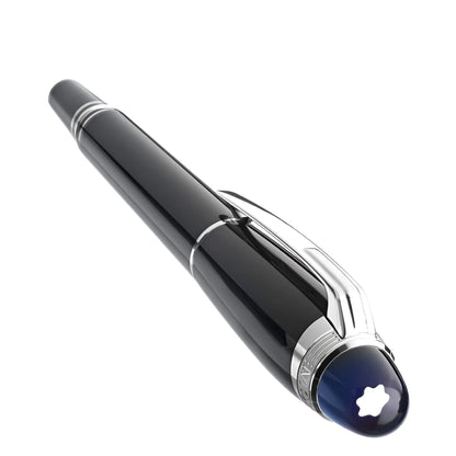 Montblanc stilografica starwalker a stantuffo con punta m in pregiata resina nera e cappuccio blu lucido con emblema star