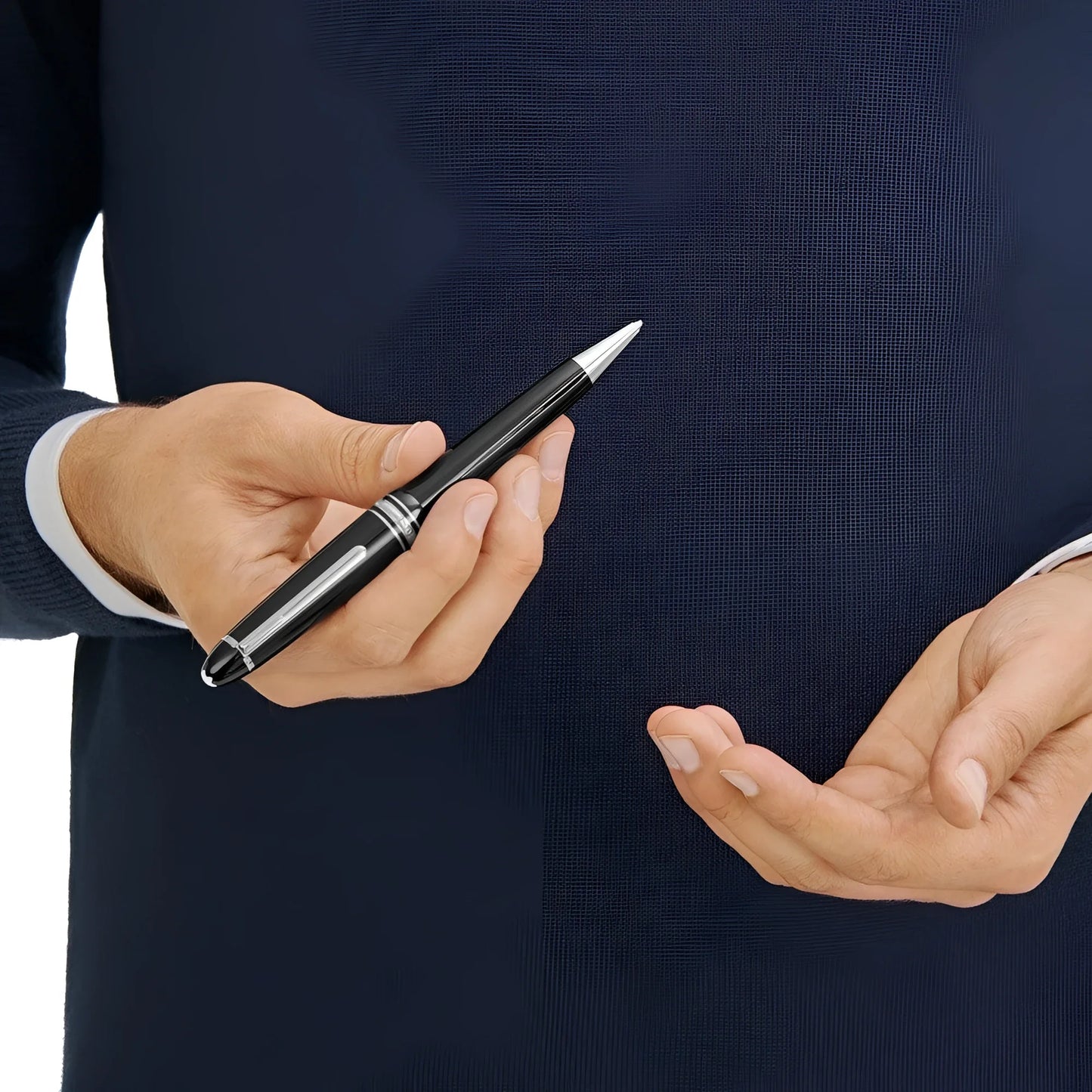Montblanc penna a sfera meisterstück platinum legrand nero con finiture in platino lucido e dettaglio elegante