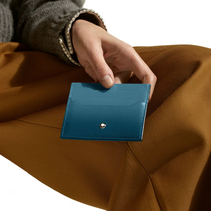 Porta carte meisterstück montblanc in pelle blu fumé con 6 scomparti e chiusura in metallo argento