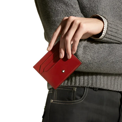 Montblanc card holder in red leather with silver button closure, soft model, dark rust 198809