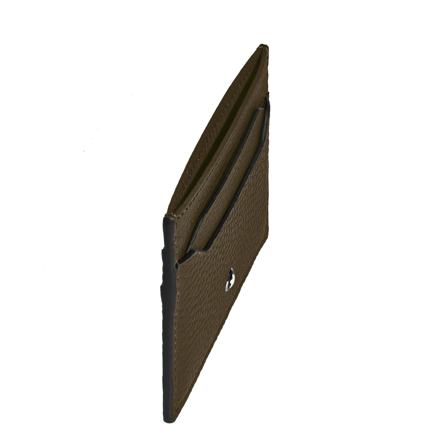 Montblanc 5cc card holder in premium khaki calfskin with silver-tone metal closure and black edges with olive texture