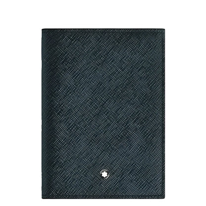 Montblanc passport holder in black embossed sartorial leather with silver-tone Montblanc emblem and blue tweed detail