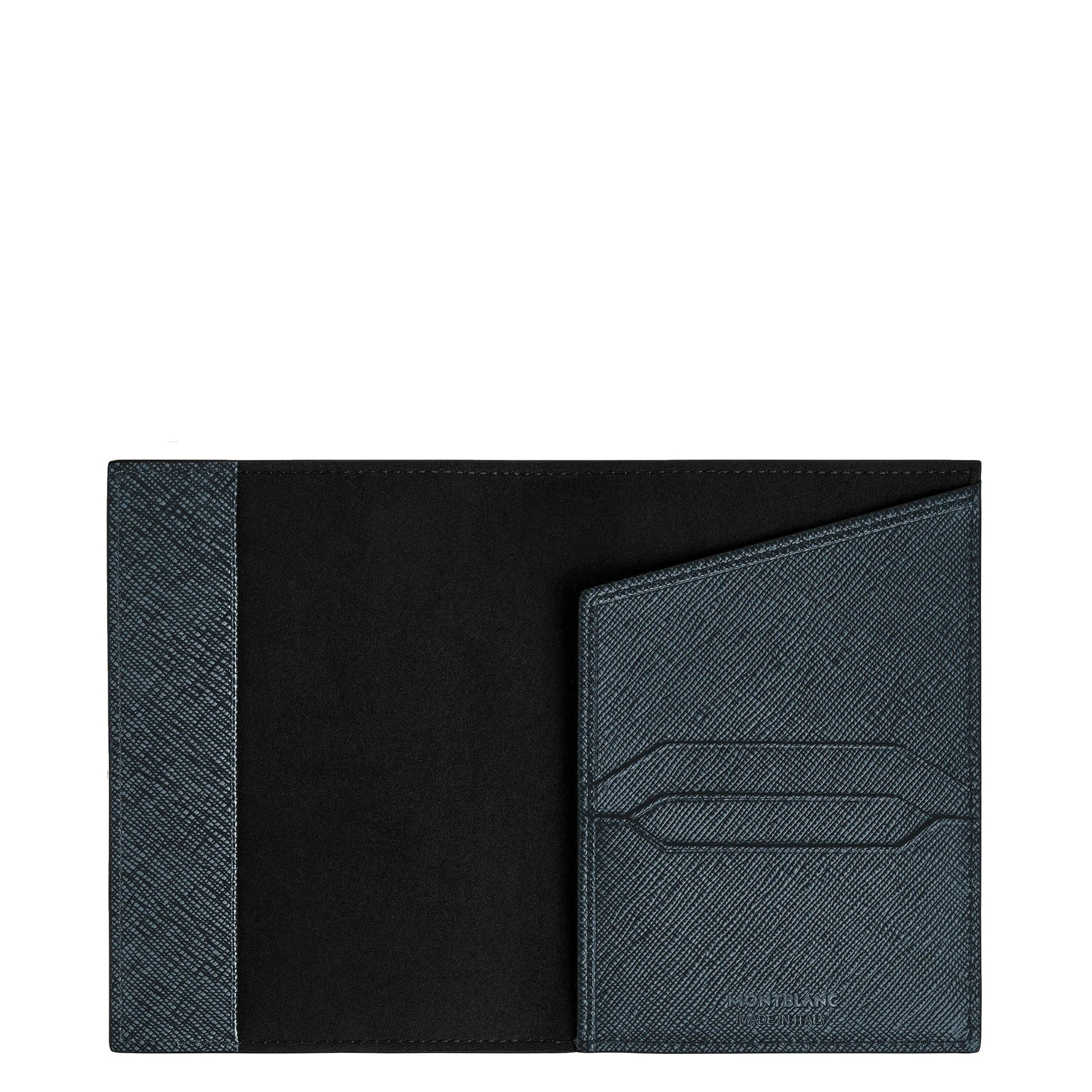Montblanc Passport Cover in Blue Two-Tone Embossed Sartorial Leather with Blue Tweed Fabric and Black Interior with Card Holder