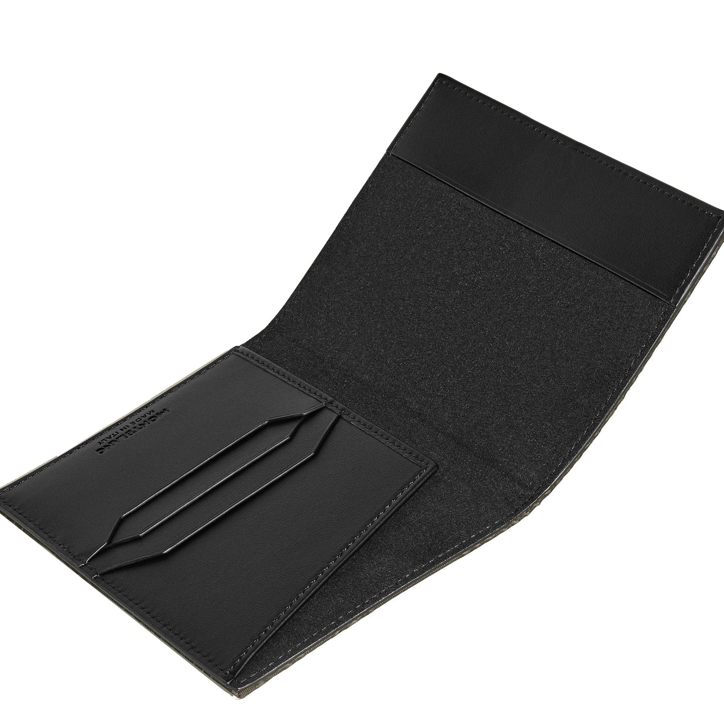 Black Montblanc leather wallet with minimalist design and three card slots textured pattern inspired by the archives