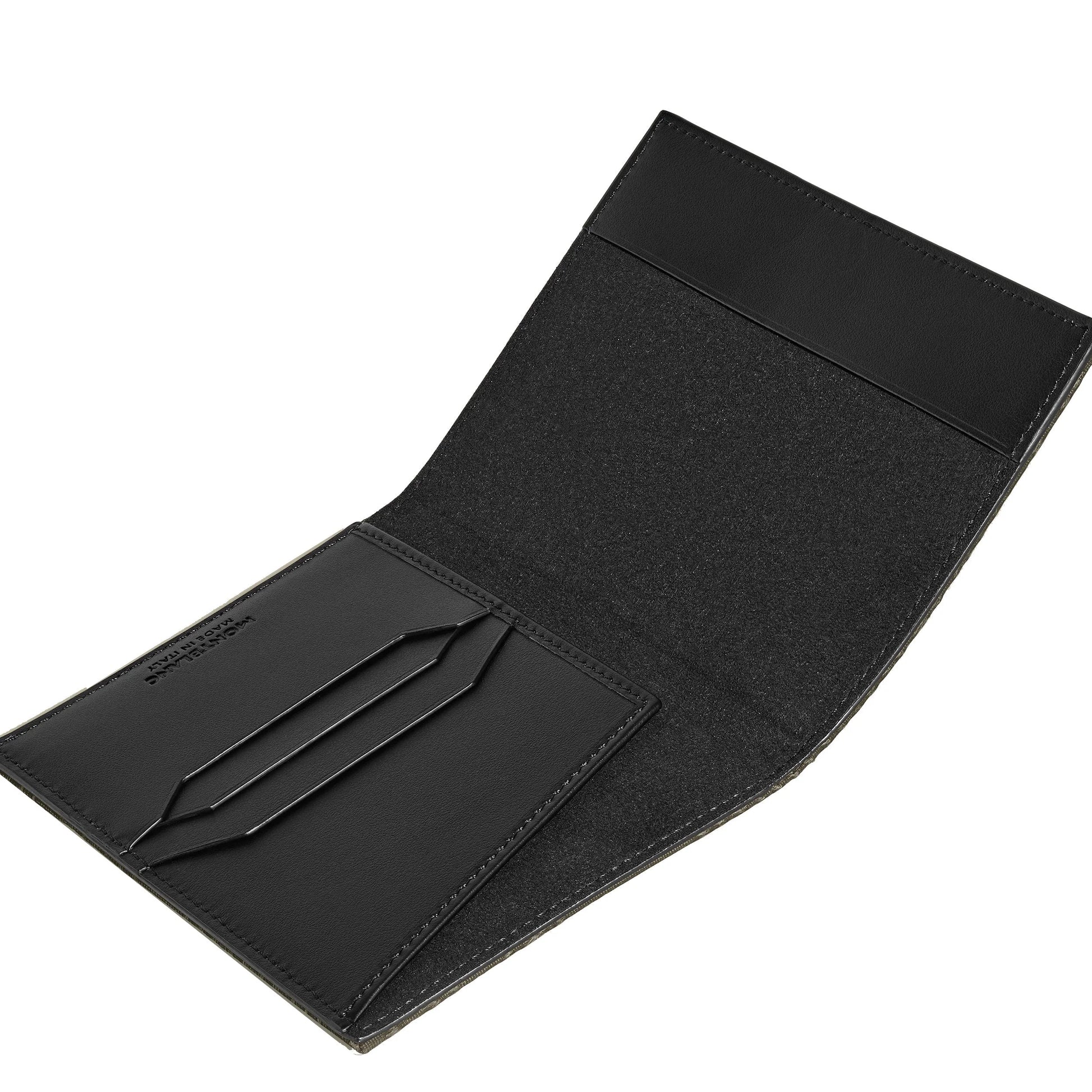 Black Montblanc leather wallet with minimalist design and three card slots textured pattern inspired by the archives