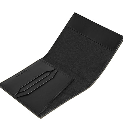 Black Montblanc leather wallet with minimalist design and three card slots textured pattern inspired by the archives