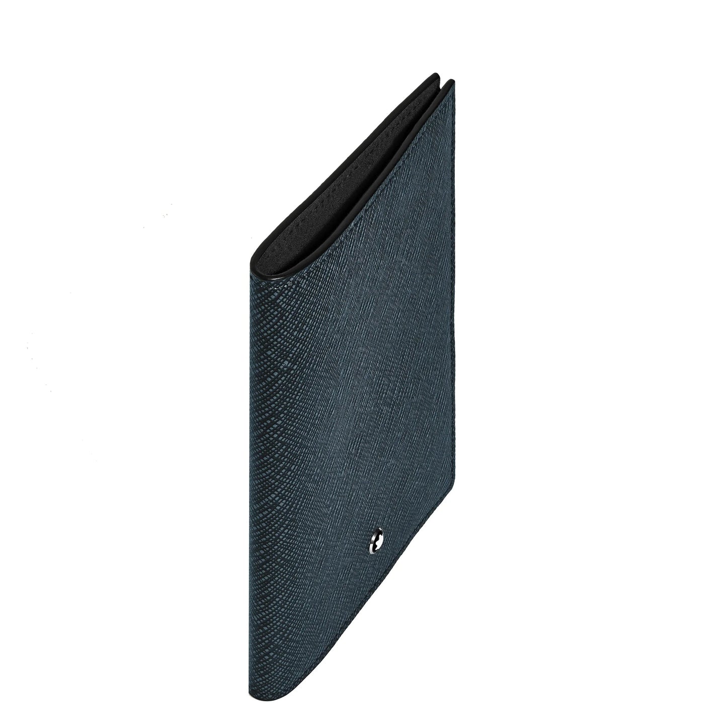 Montblanc passport holder in blue embossed sartorial leather with silver logo and blue tweed trim